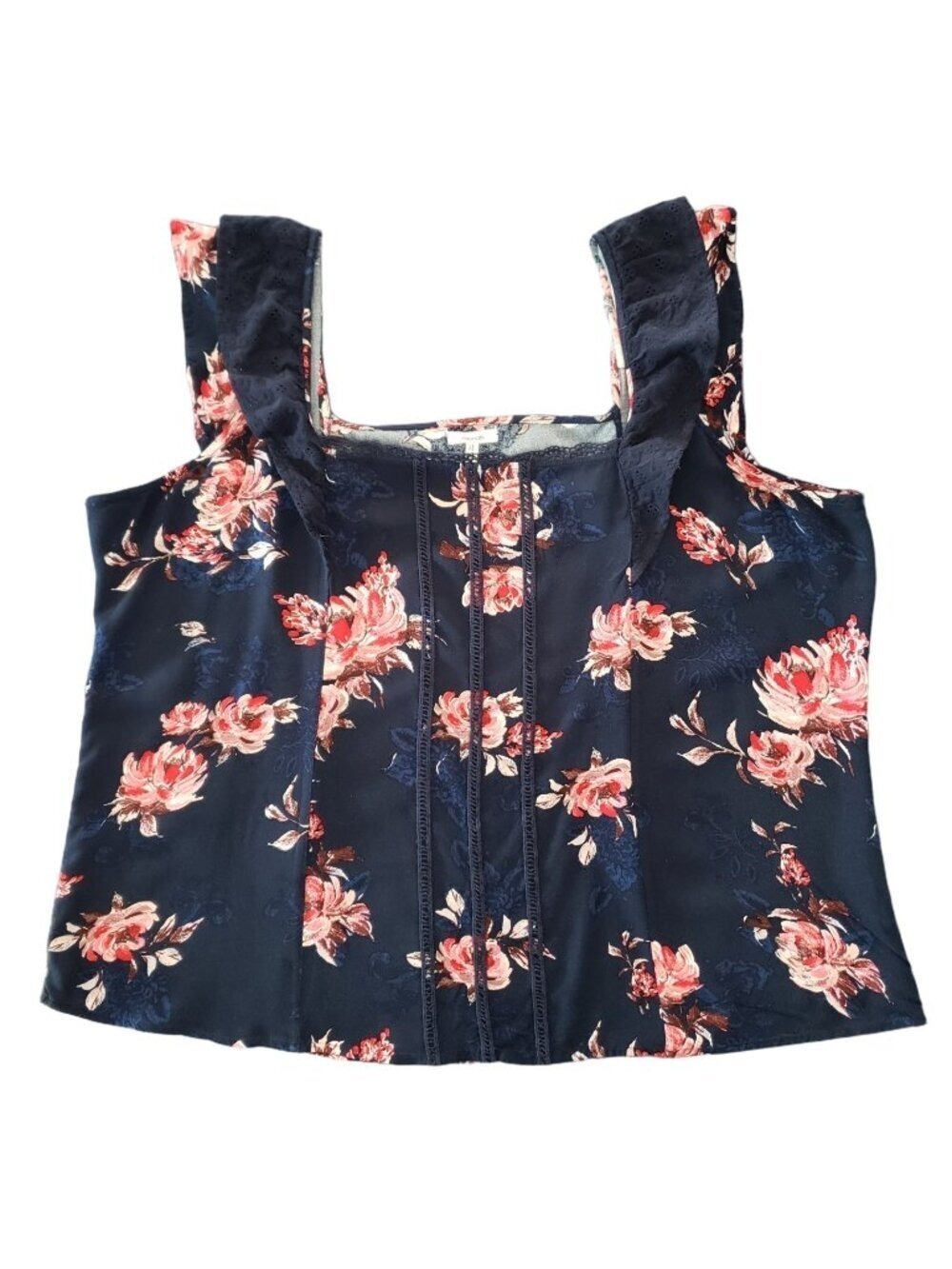 Maurices 3X Floral Ruffle Strap Blouse Navy Blue Sleeveless Top